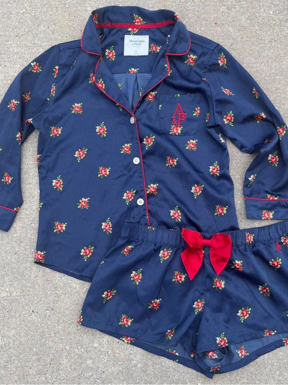 Abercrombie & Fitch Navy Floral Two-Piece Pajama Set with Red Trim